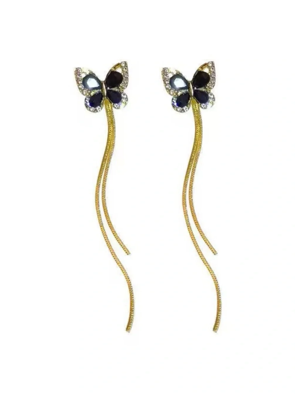 ***Exquisite Gold Butterfly Drop Earrings with Black Crystals